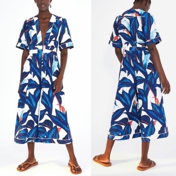 Farm Rio Blue Palm Tailored Wide Leg Linen Jumpsuit - Picture 3 of 9